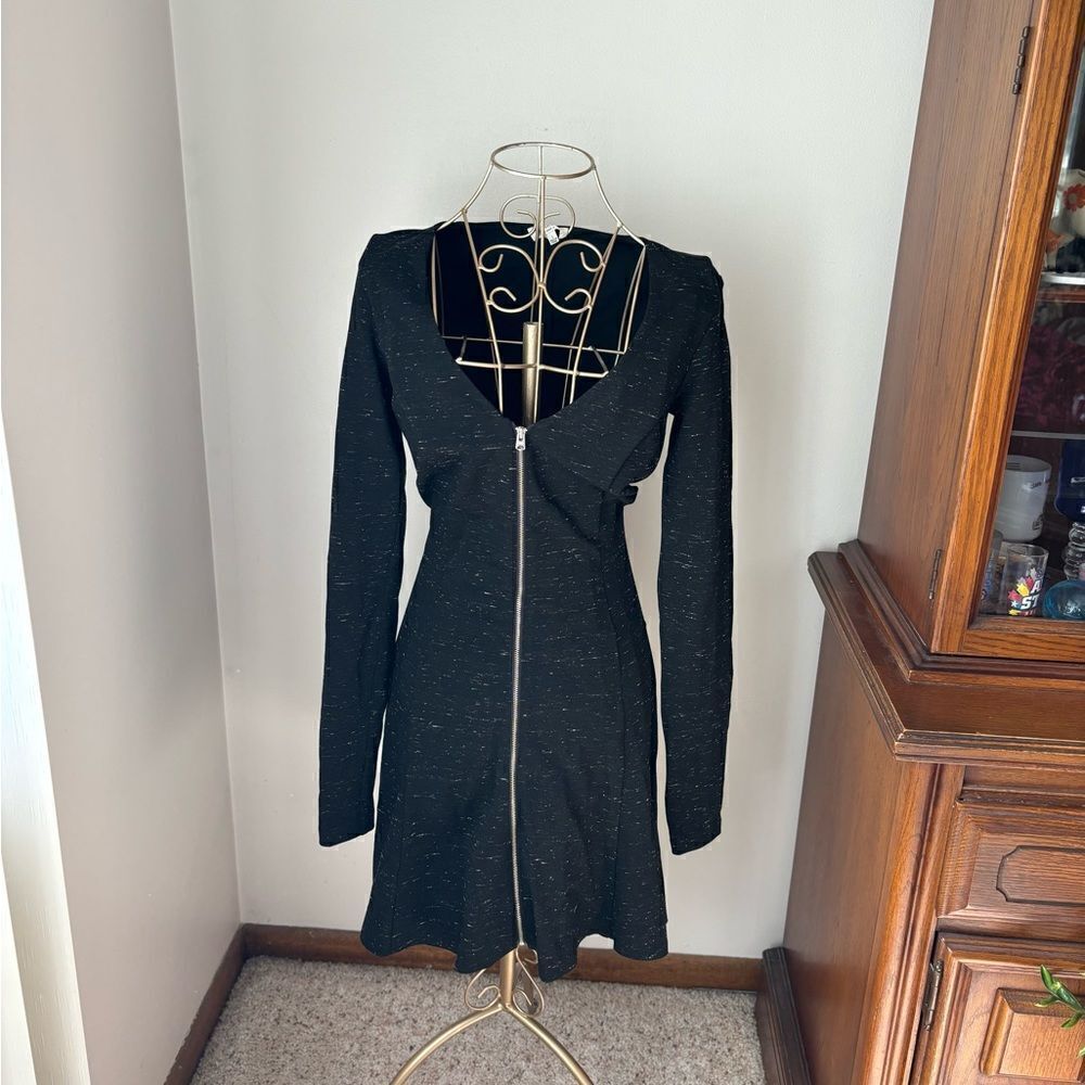 Aritzia Wilfred Zip Front Fit Flare Dress Black Long Sleeve Size S